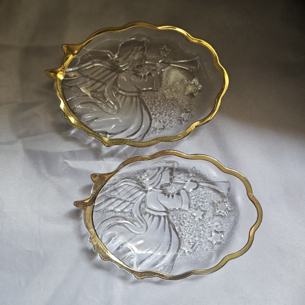 Mikasa Angel Song Gold Rimmed Sweet Dish 6.25 x 4.50 Glass Candy Dish Pair